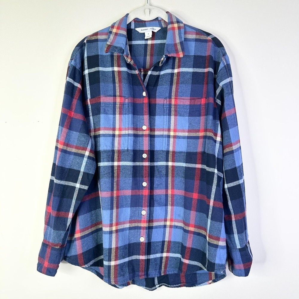 Old Navy The Boyfriend Shirt Women M Navy Blue Plaid Flannel Cotton Button Down